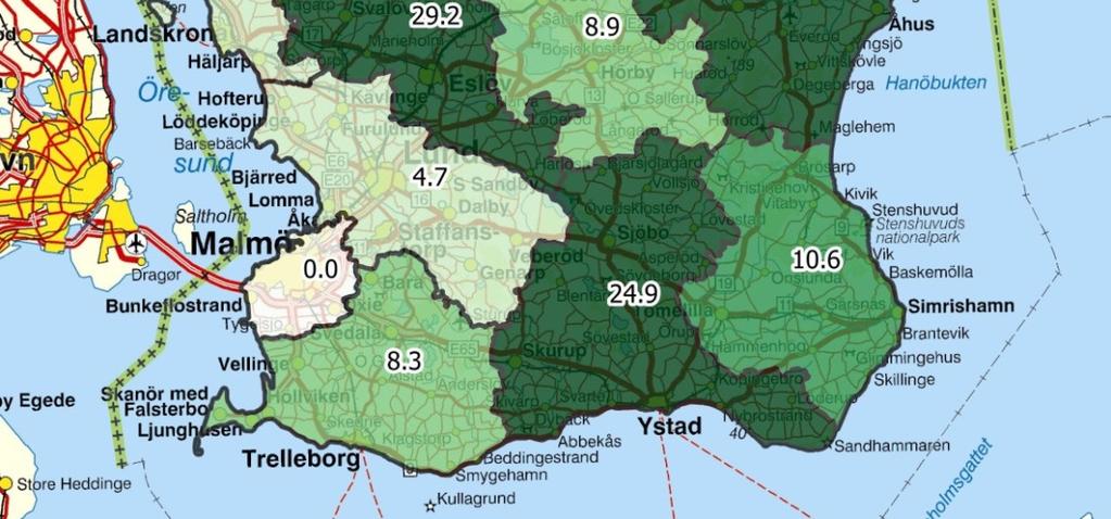 Avskjutning av dovvilt (djur/1000 ha) för respektive krets i Skåne län 2017/ 2018.