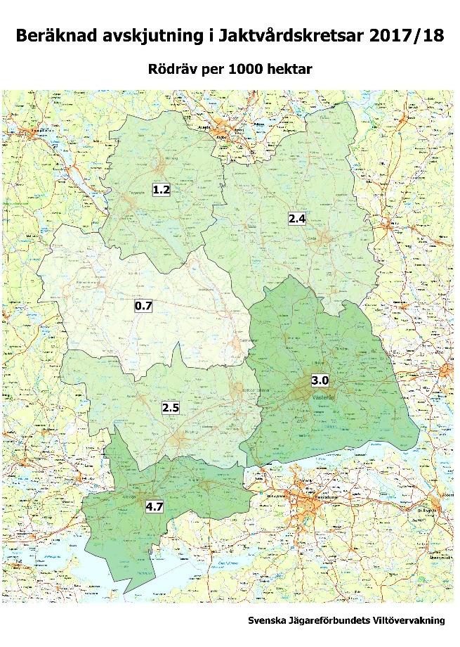 Avskjutning av räv i Västmanlands län 2017/ 2018 Antalet fällda rävar är störst i kretsarna med större andel jordbrukslandskap.