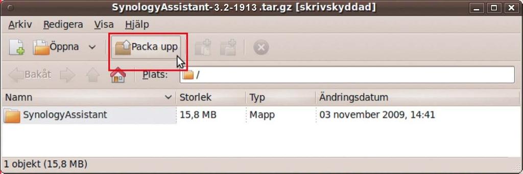 4 Klicka på Packa upp och packa sedan upp SynologyAssistant-katalogen till /usr/local eller valfri annan sökväg. 4.1-2636 3.