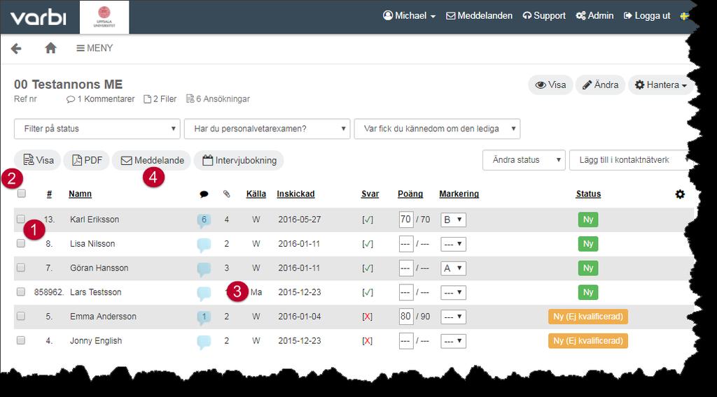 5. Meddelandefunktion Varbis meddelandefunktion används för att kommunicera med sökanden. För att kunna använda denna funktion krävs minst behörigheten kommunicera med kandidater 1.