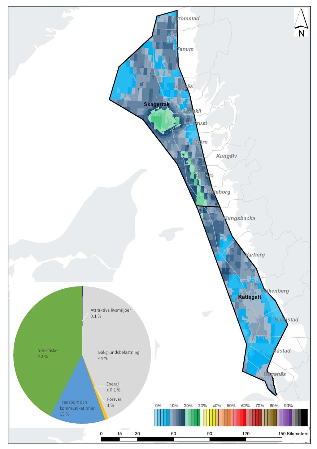 Figur 18 Den totala kumulativa miljöeffekten inom havsplaneområdet Västerhavet.