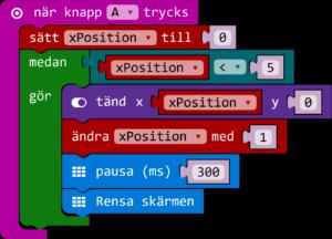 let xposition = 0 input.onbuttonpressed(button.a, () => { xposition = 0 while (xposition < 5) { } led.plot(xposition, 0) xposition += 1 basic.pause(300) basic.
