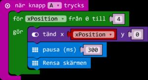 } Men! Tillbaka till våra pixlar. Hur skulle den koden se ut när vi använder en för-loop (for loop)?
