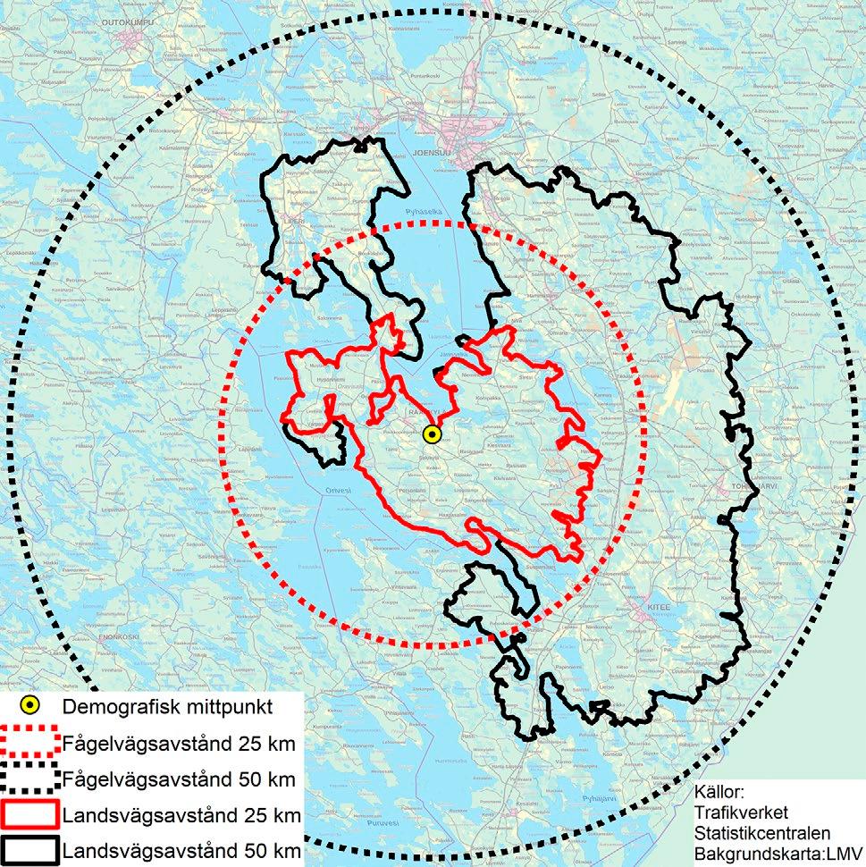 UTVÄRDERING AV SKÄRGÅRDSPOLITIKEN Bild 10. I områden som bryts av vattendrag kan landsvägsavstånden vara flera gånger större än raka avstånd. Rääkkylä är ett exempel på det här.