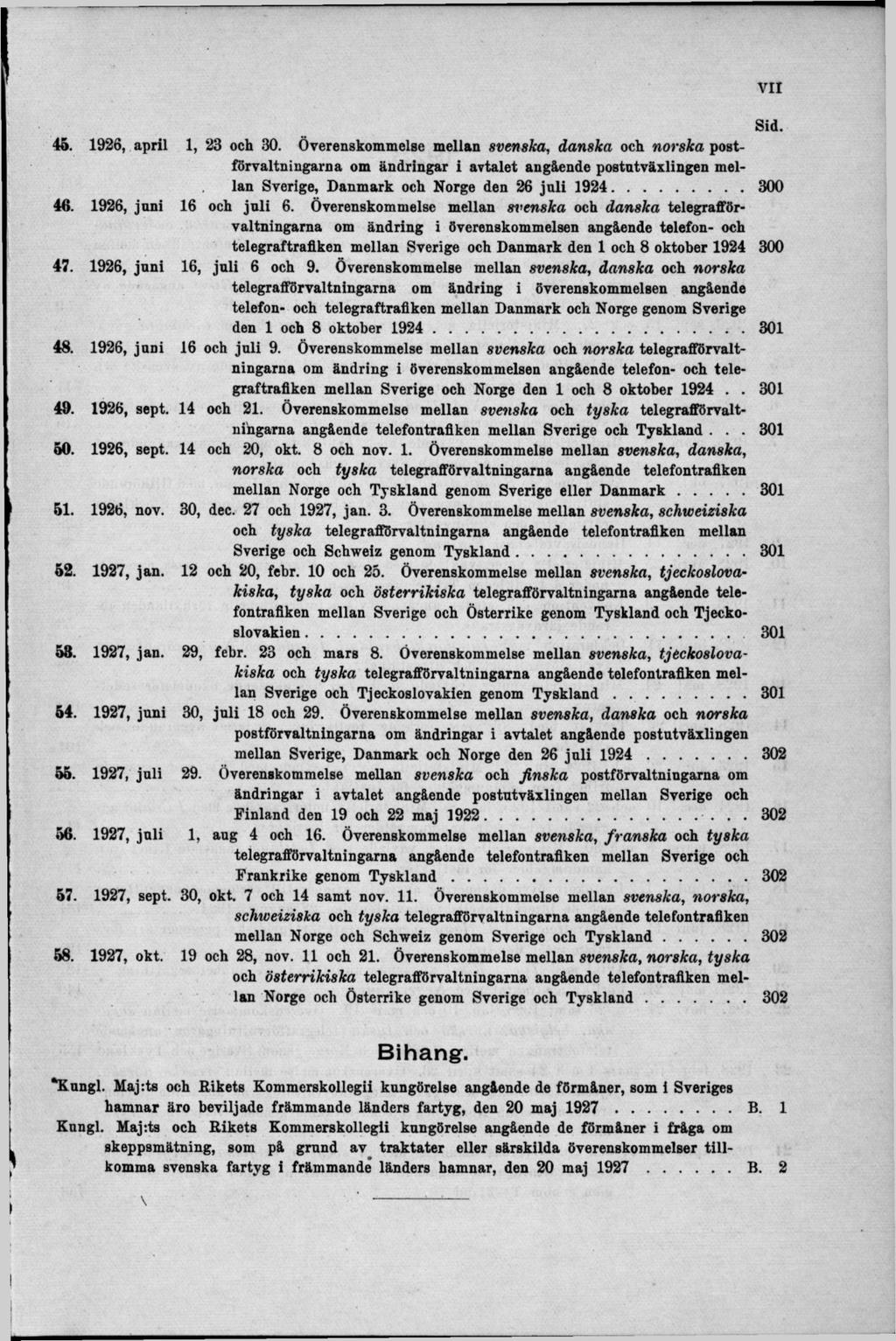 46. 1926, april 1, 23 och 30. Överenskommelse mellan svenska, danska och norska postförvaltningarna om ändringar i avtalet angående postutväxlingen mellan Sverige, Danmark och Norge den 26 juli 1924.