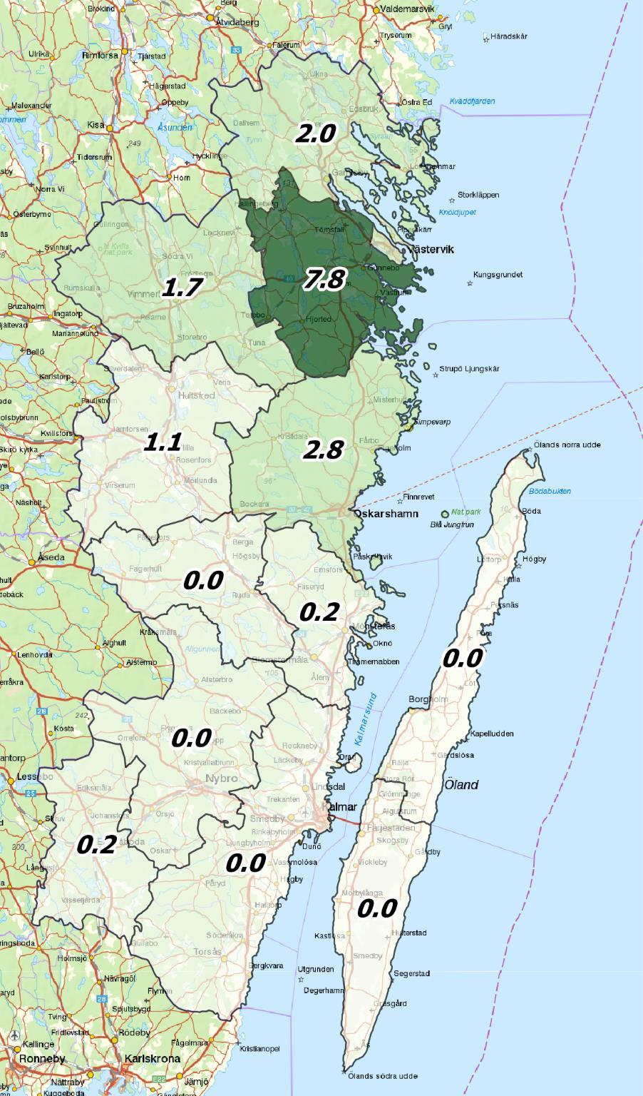 Figur. Avskjutning av kronvilt respektive krets i Kalmar län 2017/2018.