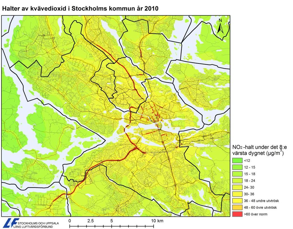 Luften i Stockholm Årsrapport 212 Bilaga 9 2(3) Kartan visar halter av kvävedioxid, NO 2 i Stockholms
