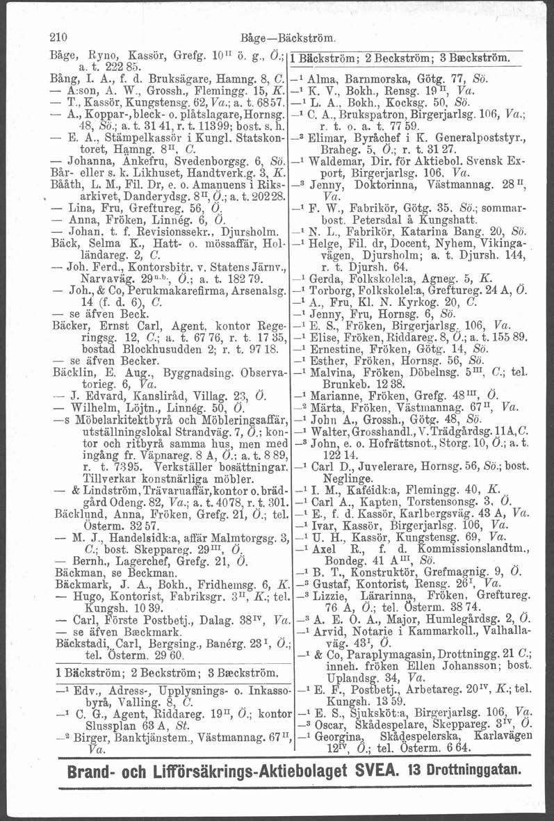 Båge, Ryno, Kassör, Grefg. 10" ö. g., Ö.; 1 B&kström; 2Beckström; 3Bsckström. a -. t. -. 222 --- 8.2. --. I- Bång, I. A., f. d. Bruksägare, Hamng. 8, C. -1 Alma, Barnmorska, Götg. 77, Sö. - A:son, A.
