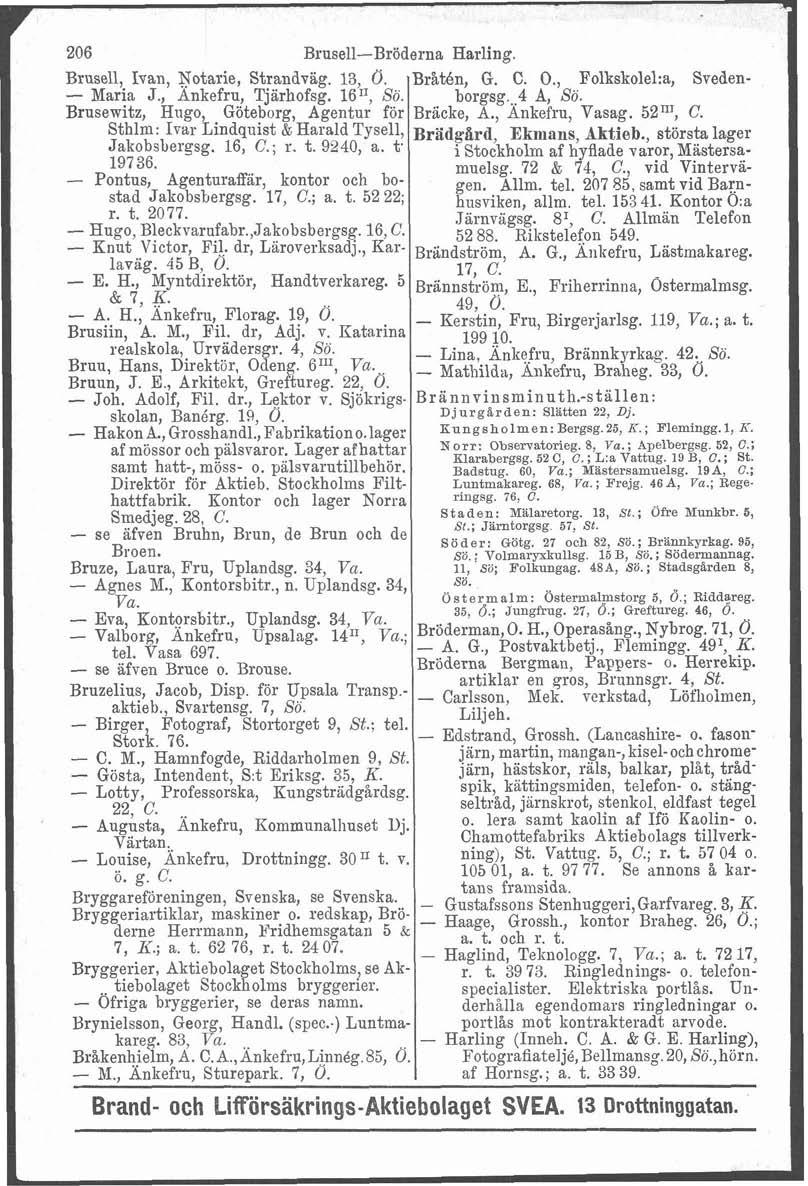 r 206 Brusell-Bröderna Harling. Brusell, Ivan, Notarie, Strandvag. 13, 6. Bratén, G. C. O., Folkskolel:a, Sveden- - Maria J., Ankefru, Tjarhofsg. 1611, Sö. borgsg..,4 A, Sö.