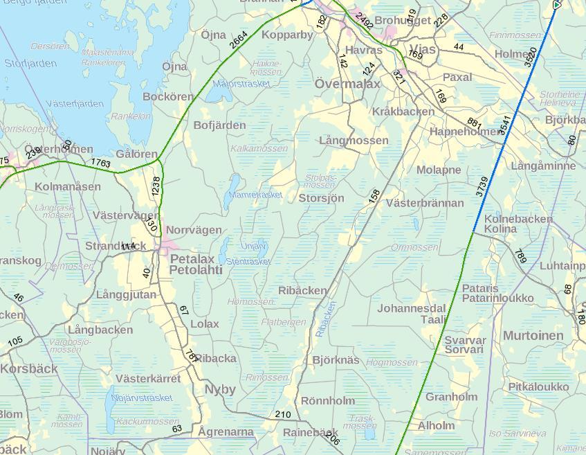 Den genomsnittliga dygnstrafiken (GDT) i området anvisas nedan: Bild 21. Projektområdets genomsnittliga dygnstrafik 1.1.2012. Trafikverket.