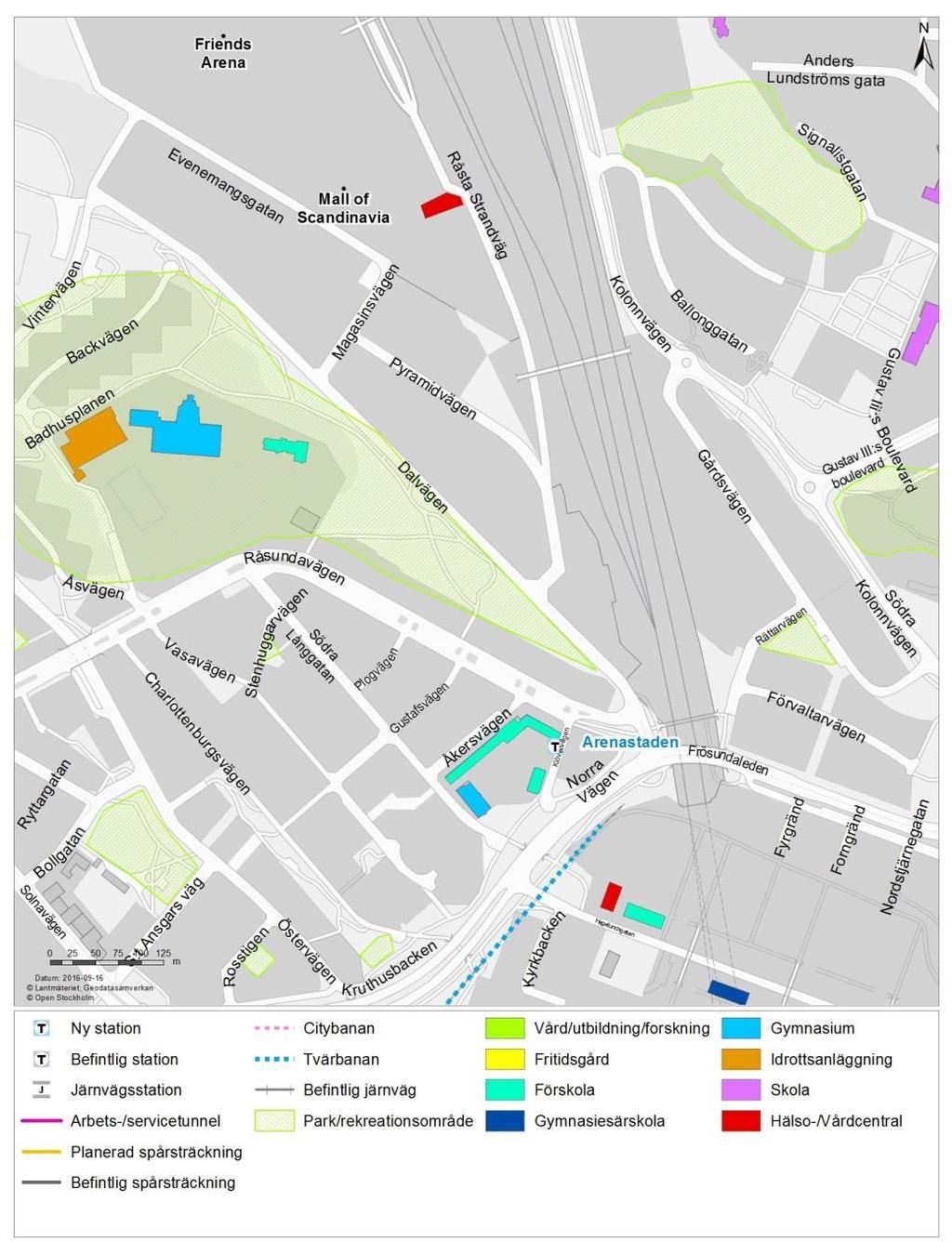Figur 8. Förskolor, gymnasium, gymnasiesärskola, idrottsanläggning och vårdinrättningar i Arenastaden, Vasalund och Hagalund 5 Konfliktpunkter under byggskedet 5.