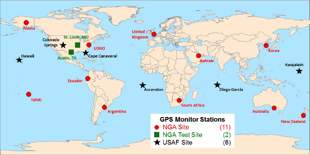 Kontrollsegmentet 6 kontrollstationer för GPS-systemet finns utplacerade längs ekvatorn Huvudledningscentralen