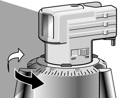 Skala 360 Den lodräta laserlinjen visar laserinstrumentets eller laserlinjens vridningsvinkel på baselementets 360 skala. Observera: Det är viktigt att instrumentet centreras med libellen!