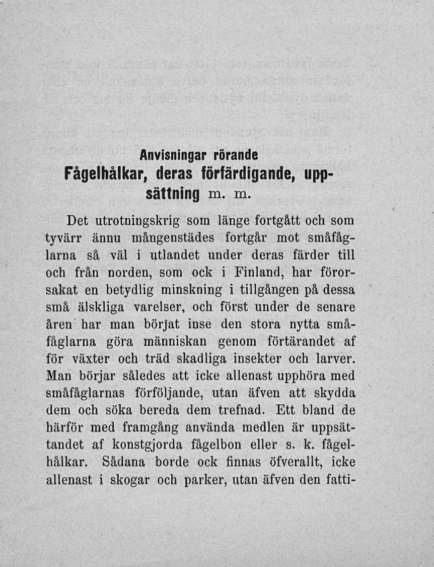 Anvisningar rörande Fågelhålkar, deras förfärdigande, uppsättning m.