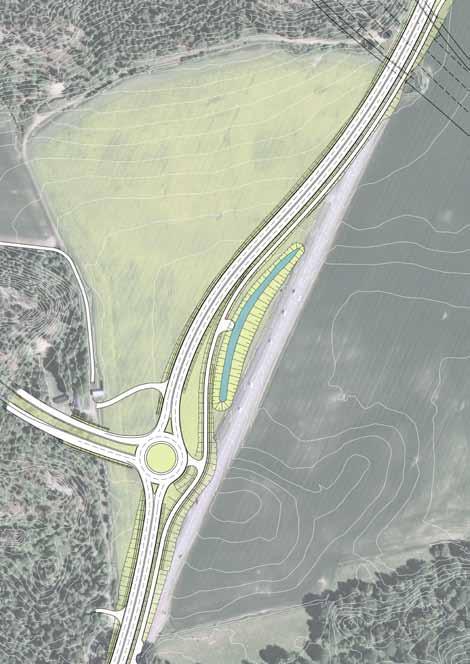 Närmast mynningen sluts landskapsrummet, t ex med buskage av slån. Dagvattendamm utformas som ett dike utmed vägen Det öppna landskapet består.