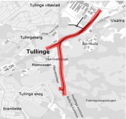 226 Pålamalmsvägen Högskolan, VST057 1. Beskrivning av åtgärden Nuläge och brister: Väg 226 söder om Flemingsberg övergår från fyra till två körfält med låg geometrisk standard.