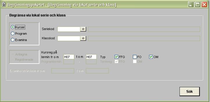 Maria Valtersson 2009-03-11 16 (20) 4.10 BEGRL00G Begränsning Serie och klass Senast uppdaterad 2003-12-01 Här kan man begränsa befintlig populationen med hjälp av lokal serie och klass.