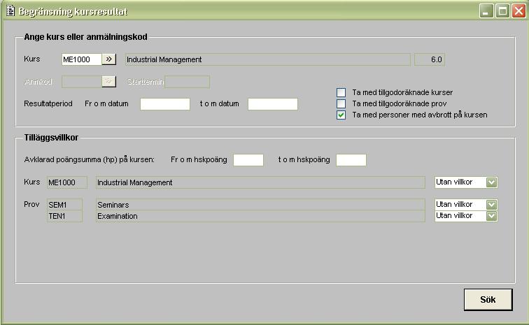 Maria Valtersson 2009-03-11 9 (20) 4.4 BEGRH00G Begränsning kursresultat Senast uppdaterad 2007-06-01 Här kan man begränsa den utsökta populationen med hjälp av resultat på kurs och prov.