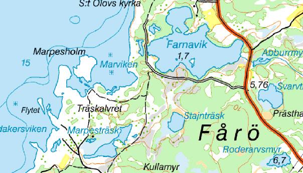Fårölokalerna Farnavik Vid Farnavik (Figur 1 och 16) finns ett vatten där grönfläckig padda tidigare planterats ut. Denna lokal inventerades vid fyra tillfällen 2006. Utsättningslokal Figur 16.
