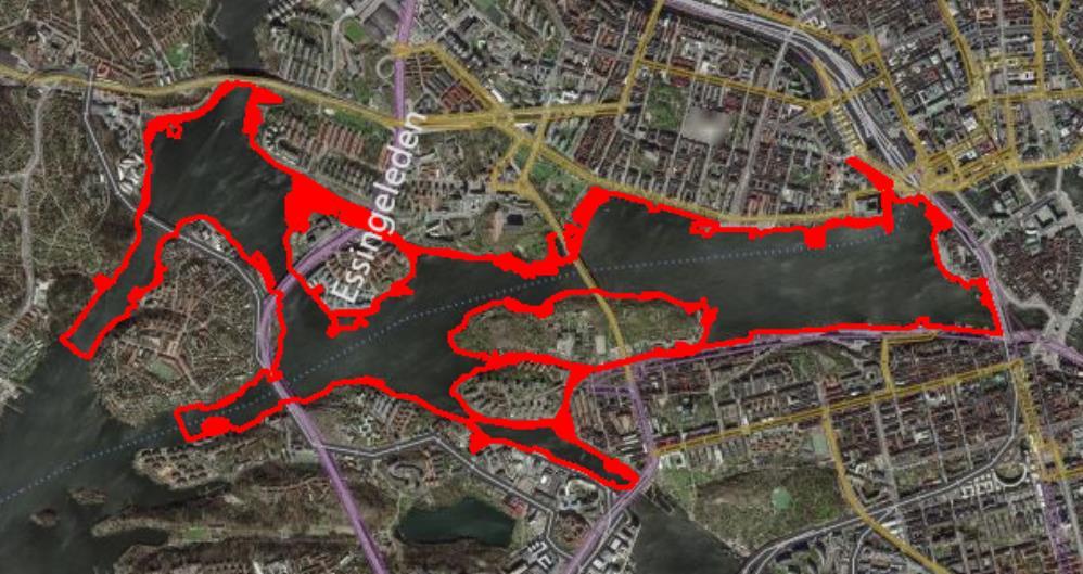 djup. En förstorad bild av vattenområdena kring Lilla Essingen visar hur körningarna kan se ut (Figur 10). Figur 9.