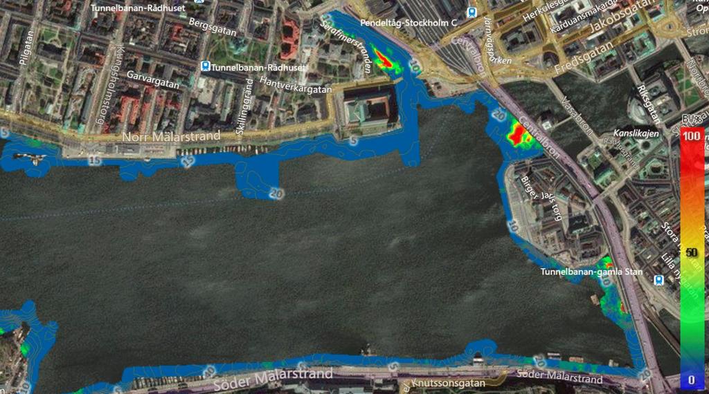Figur 12. Undervattensvegetationens biovolym var hög (> 75 %) i delområden vid Karlbergskanalen utanför Stadshuset samt invid Centralbron, Riddarfjärden.