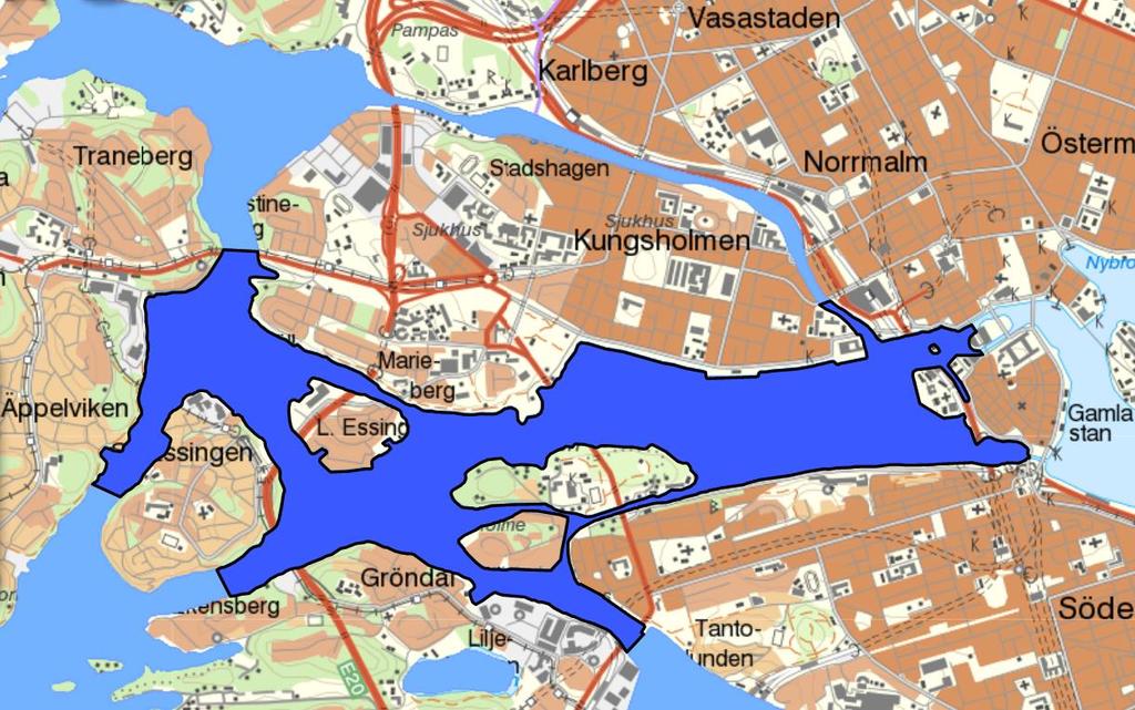 Figur 1. Vattenförekomsten Mälaren-Riddarfjärden (mörkblått område) är belägen i centrala Stockholm och sträcker sig från Alvik i väst till Gamla stan i öst.
