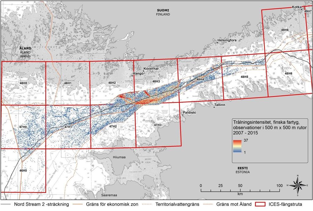 9 Figur 2. Den finska trålningsflottans fiskeintensitet inom Finlands, Sveriges och Estlands ekonomiska zoner. Fiskets intensitetsdata baseras på satellitspråningsdata (VMS-data) från åren 2007-2015.