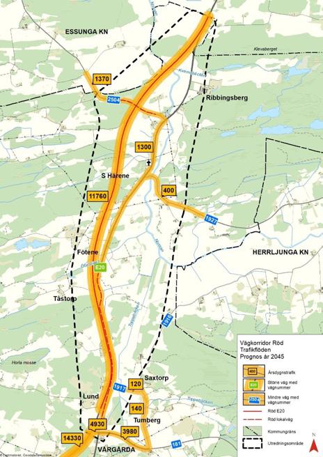 Vägplan samrådshandling, val av lokaliseringsalternativ 2017-09-11 Korridor Röd Korridor Röd går till stora delar i ny sträckning väster om befintlig E20 och är den enda korridoren som medför en
