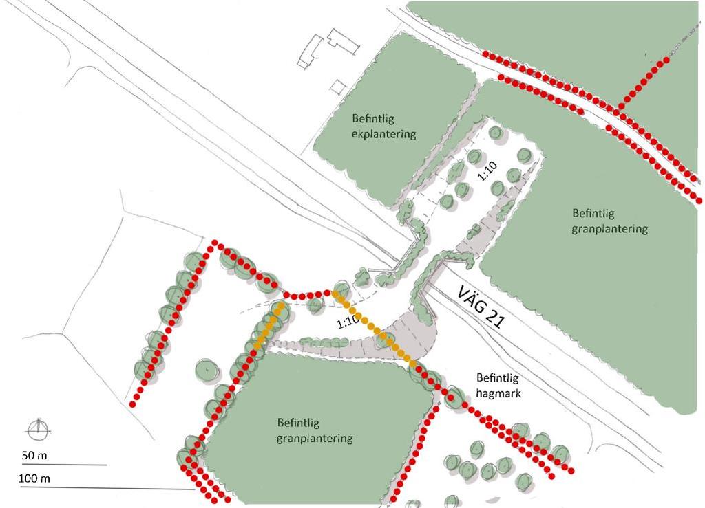 Figur 9. Landskapet vid Ekeberg är rikt på stenmurar. I planskissen är de stenmurar som berörs av anläggandet av viltpassagen gulmarkerade och stenmurar som ej berörs är rödmarkerade.