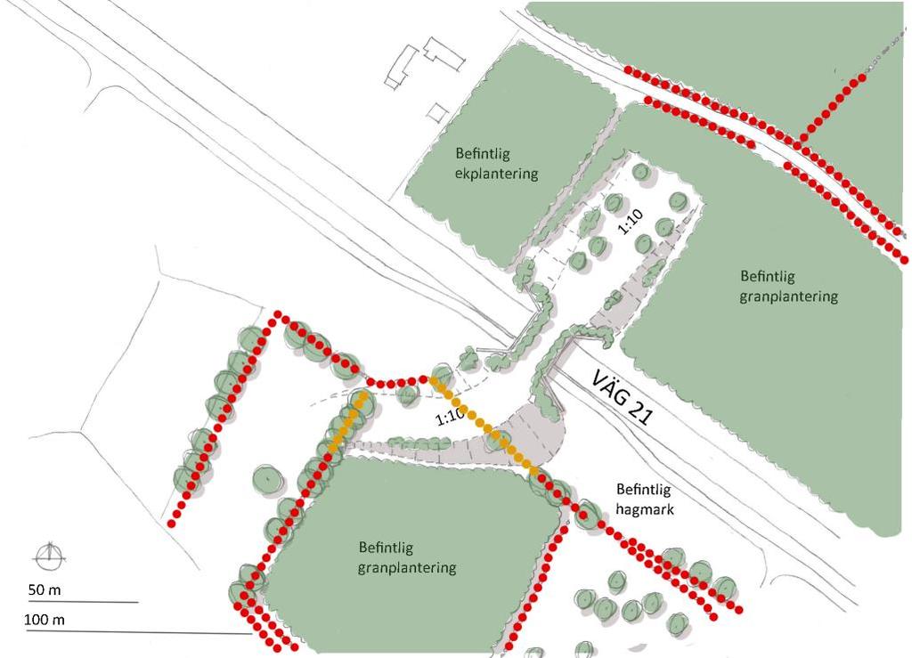 Figur 9. Landskapet vid Ekeberg är rikt på stenmurar. I planskissen är de stenmurar som berörs av anläggandet av viltpassagen gulmarkerade och stenmurar som ej berörs är rödmarkerade.