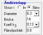 Figur 30 Skruvdiameter och flänstjocklek Sidoöverlapp av plåt kan göras på olika sätt. Normalt används enkelt sidoöverlapp som motsvarar kryssvalet No i RoofDim (se figur 31).