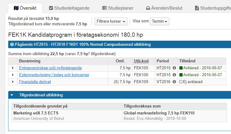 Exempel: tillgodoräknande inom ämne på forskarnivå Exempel: