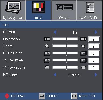 Användarkontroller Bild PC-läge Detta läge är endast till för när denna projektor används med en datorsignal, antingen via en analog eller digital anslutning.