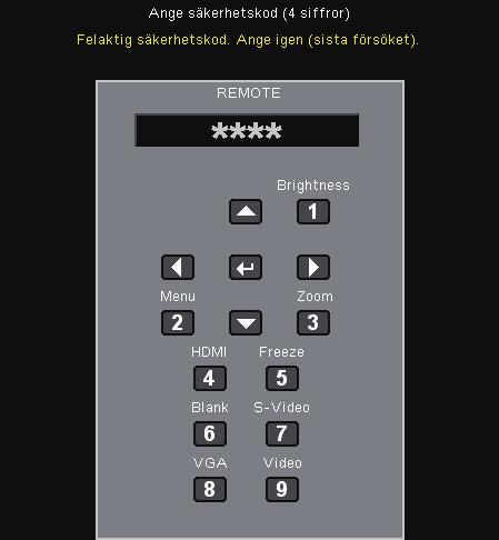 Användarkontroller Setup Security Första gången: 1. Lösenordet består av 4 siffror, STANDARDVÄRDET är "1234". (första gången) 2. Använd sifferknapparna på fjärrkontrollen för att välja lösenord.