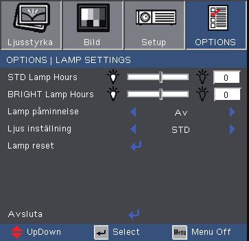 Användarkontroller Options Lamp Settings STD Lamp Hours Visa projektionstid med STD-läge. BRIGHT Lamp Hours Visa projektionstid med BRIGHT-läge.