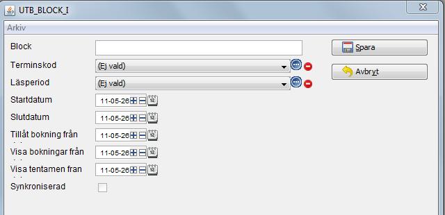 Du väljer sedan ett startdatum och ett slutdatum för blocket, ett datum som anger från när man får lov att boka de kurser och program som finns i blocket, ett datum som talar om när bokningarna ska