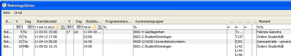 Bokningslistan Första gången du startar programmet och öppnar bokningslistan kan det se lite rörigt ut. Bokningslistan kan anpassas för att passa det egna arbetssättet.