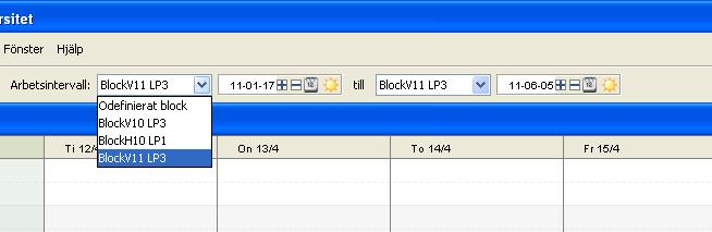 Logga ut Arbetsintervall: På lärosätet kan du styra bokningsperioderna med block. Då knyts kurserna/kurstillfällena till tidsbestämda bolck.
