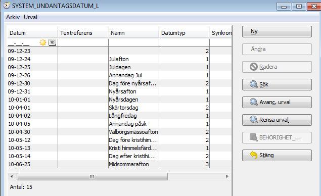 Adm.UNDANTAGSDATUM Under Adm.UNDANTAGSDATUM administerar du särskilda datum som ska markeras eller kunna generera någon form av varning i systemet.