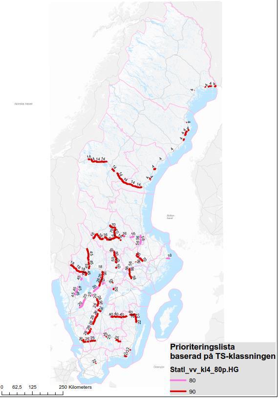 Nationella vägar med låg TS-standard Totalt 37 sträckor 6 sträckor