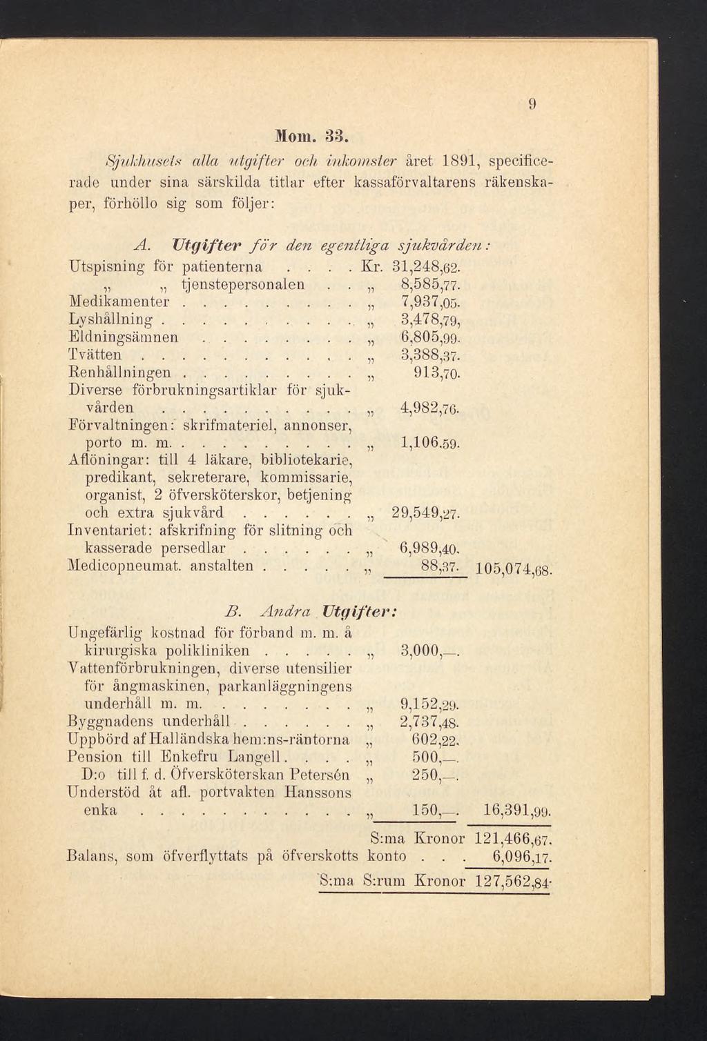 Mom. 38. Sjukhusets alla utgifter och inkomster året 1891, specificerade under sina särskilda titlar efter kassaförvaltarens räkenskaper, förhöllo sig som följer: A.