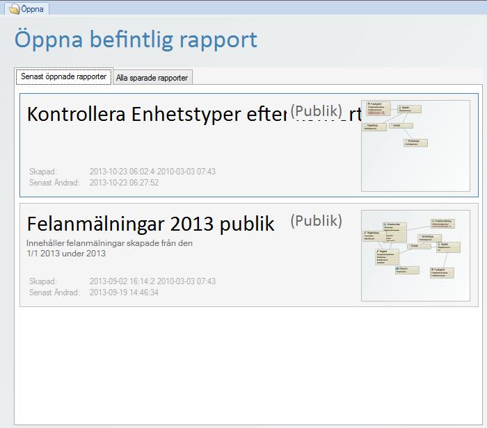 Publika rapporter kan ses och redigeras av alla medan de privata endast visas för den specifika användaren.