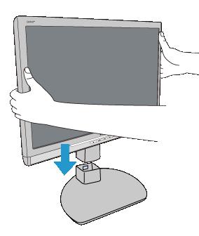 Håll monitorn fast med båda händerna såsom visas. Sätt fast monitorställningen på monitorbasen tills ett klickljud hörs.