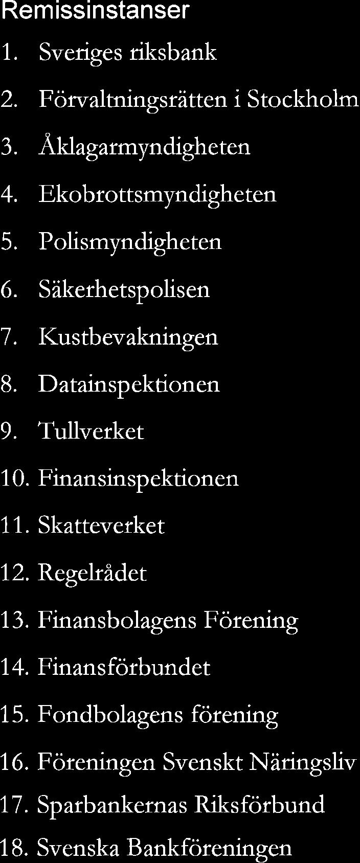 Polismyndigheten 6 Säkerhetspolisen 7 Kustbevakningen 8 Datainspektionen 9 Tullverket 10. Finansinspektionen 11. Skatteverket 12. Regelrådet 13. Finansbolagens Förening 14.