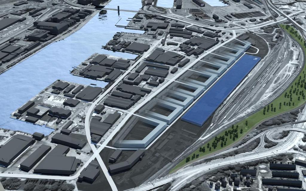 Volymskiss av vagnhall och hypotetisk framtida bebyggelse på norra Ringön. En viktig fråga att beakta när det gäller en anläggning av aktuell storlek är de barriäreffekter som kan uppstå.