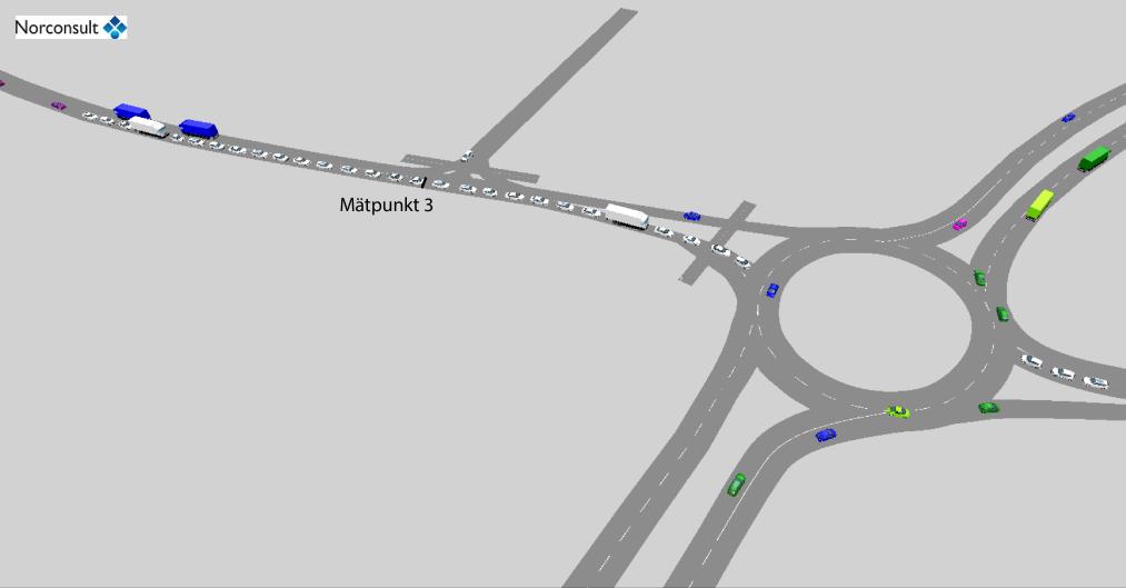 28 (51) Bild 17. Köbildning i västra anslutningen i cirkulationsplatsen. Fordon som är vita befinner sig i kö.