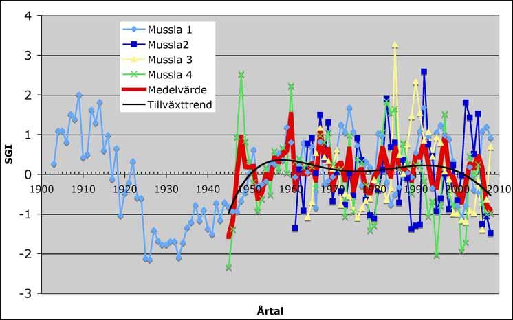 Figur 6. Diagram som representerar förhållandet mellan musslornas ålder och skalens längd.