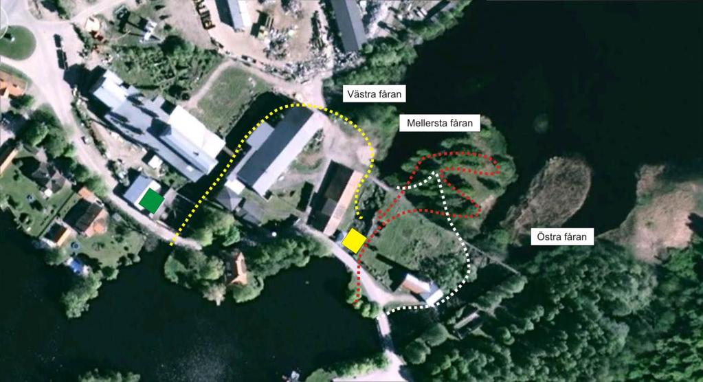 Figur 20. Förslag på möjliga placeringar av naturlik fiskväg vid Forsbacka nya kraftverk. Observera att alternativens genomförbarnhet är beroende av faktorer som t.ex.