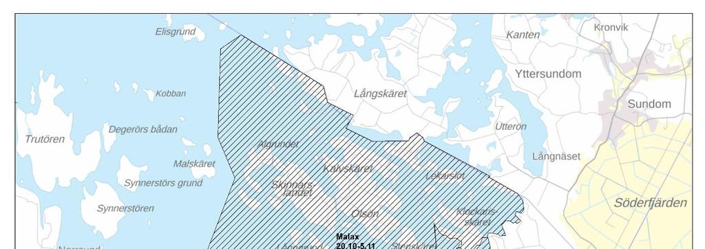Figur 6.3.2. Exempelområdet vid Malax åmynning. 6.3.3 Oravais-Monå-Kantlaxfjärden BESKRIVNING AV OMRÅDET Oravais- Monå- Kantlaxfjärden är ett fjärdsystem som öppnar sig mot nordväst till södra delen av Bottenviken.