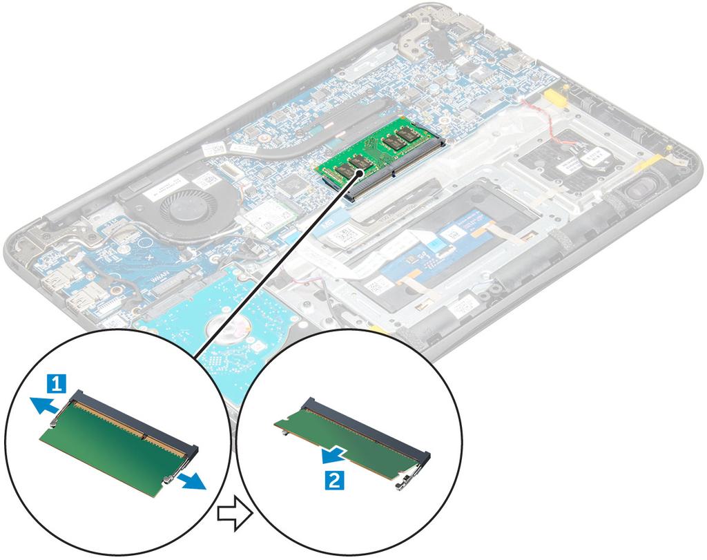 a b c microsd-kort kåpan batteriet 3 Ta bort minnesmodulen genom att: a Bänd isär minnesmodulens spärrar [1]. b Lyft upp och ta bort minnesmodulen från moderkortet [2].